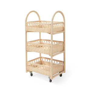 Rattan Kids <b>Shelf</b> With Wheels Multi Tier Storage Cart Eco Friendly Toy <b>Organizer</b> Rack Wholesale Bulk Supplier Kids Furniture - Product Image 1