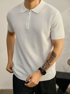 <b>Old</b> Money Style Solid Textured Knit Lapel <b>Short</b>-Sleeve Smart Casual Men's Summer Breathable Quick Dry Viscose/Cotton 220g Shirt - Product Image 3