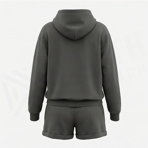 Conjunto de 2 Piezas para Mujer, Sudadera con Capucha y Pantalones Cortos de Felpa, Color Sólido, Corte Holgado, Informal, para Todas las Temporadas, Largo por Encima de la Rodilla - Product Image 2