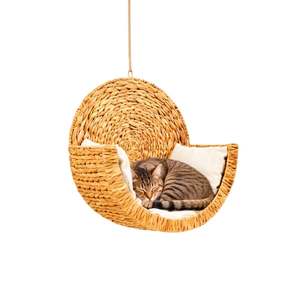 Lit pour chat en jacinthe d'eau, panier suspendu en jonc de mer naturel tressé, panier de couchage surélevé en osier pour animaux de compagnie, hamac pour chat, mobilier d'intérieur - Product Image 2