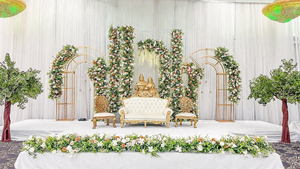 Designer Wooden Jali <b>Frames</b> Stage Setup For Reception Night Luxury Indian <b>Wedding</b> Stage With Carved Wooden Sofa Switzerland - Product Image 4