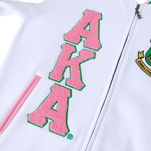 AKA White Fleece Letterman <b>Jacket</b> <b>Pink</b> Green Trim Varsity Style Unisex Warm Outerwear Fashion <b>Jacket</b> Apparel Collection - Product Image 3