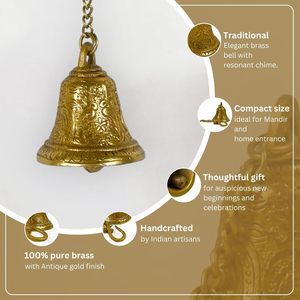 Brass Hanging Temple Bells with Chain Antique Finished Traditional Pooja Bell for Home <b>Mandir</b> Decor - Product Image 4