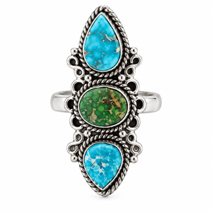 Anillo de 3 Piedras de Turquesa Azul y Verde, Joyería de Piedras Preciosas, Estilo Bohemio Occidental, Anillo Hecho a Mano para Mujer - Product Image 5