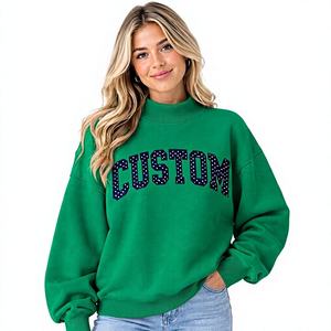 Sweat-shirt vert à col montant pour femme, à épaules tombantes, manches longues, imprimé lettres, pull décontracté - Product Image 1