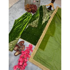 Top en velours de viscose pure de créateur Plazzo & Dupatta pour la fête Autres accessoires ethniques Look Heavy & Elegant - Product Image 5