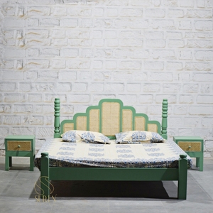 Lit plateforme traditionnel en bois vert pour enfants avec panneau en rotin, lit de repos Queen pour chambre d'enfant, maternelle, dortoir - Product Image 1