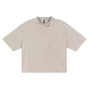 Men Oversized <b>Distressed</b> T Shirt Custom Logo Vintage Washed Ripped Tee Streetwear Loose Fit Cotton <b>Top</b> - Product Image 1