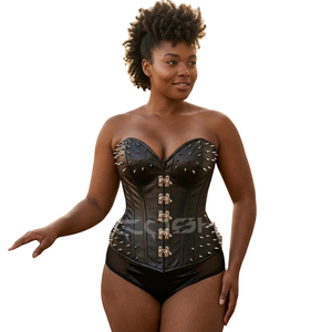 Overbust Steelboned Black Leather Spiked <b>Corset</b> With Front Clasp Closure - Product Image 1