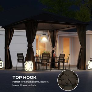 Gazebo con Tetto Rigido 3x3m Marrone Scuro, Struttura in Alluminio per Patio e Giardino con Tende a Gancio, Padiglione Permanente per Cortile - Product Image 6