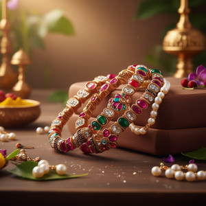 Navrathna Matte Polish Pearl and Diamond Bangles for Wedding and Engagement - Product Image 2