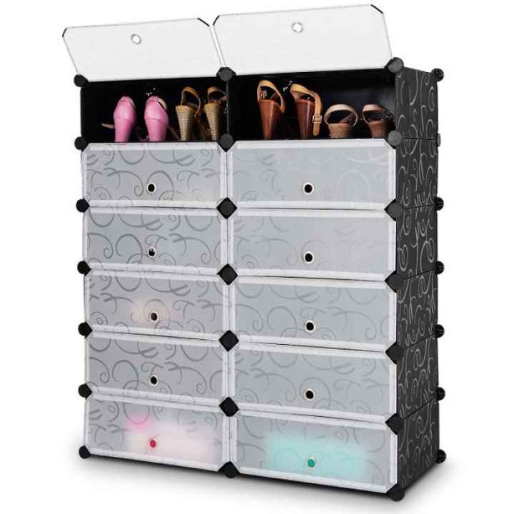 12-Cube DIY Portable Plastic Shoe Rack with Transparent Doors for Cube Storage Bins