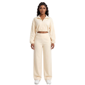 Trendy Drawcord Cropped Zip-Up <b>Jacket</b> Set Oversized Hoodies Stand Collar Adjustable Joggers Set Custom Casual Autumn Winter Wear - Product Image 1