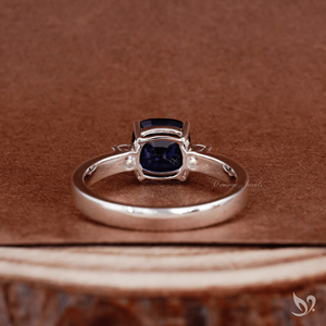 Royal Blue Cushion Sapphire Three Stone Ring 2.20 Ct Engagement Ring Lab Grown Blue Sapphire White Gold Ring - Product Image 2
