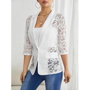 Blazer Blanco Etéreo con Paneles de Encaje, un Solo Botón y Mangas Festoneadas - Product Image 1
