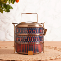 Boîte à lunch en laiton à motifs floraux verts, boîte à lunch vintage à 3 étages rayée, porte-aliments à motifs rétro, disponible à prix de gros.