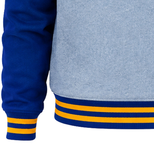 Womens Light <b>Grey</b> Varsity Bomber <b>Jacket</b> Blue Sleeves Greek Letter Embroidery Gold Trim Snap Button Ribbed Collar Cuffs Casual - Product Image 6