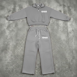 Custom Logo Women Activewear Half <b>Zip</b> Cropped Sweat Tops & Wide Leg Jogger Pants Set Women High Quality Tracksuit Set - Product Image 2