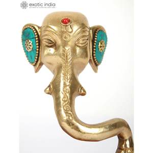 ประติมากรรมพระพิฆเนศทองเหลืองขนาด6นิ้วทำด้วยมือมีการฝังที่ซับซ้อนผลิตในอินเดีย - Product Image 1