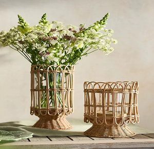 Scalloped rim woven <b>wicker</b> flower <b>vase</b> featuring a soft grey finish for rustic spaces, available at wholesale prices. - Product Image 5