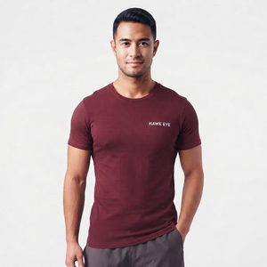 T-shirt de sport ajusté en coton à manches courtes pour homme, personnalisable, imprimé, tendance, couleur vin, vente en gros - Product Image 6