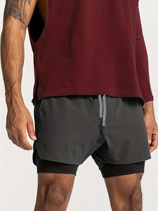 Men's Solid Color Quick Dry Sport Shorts <b>Mid</b> Waist Drawstring Elastic Fit With Pockets Knitted Fabric Short Length - Product Image 3
