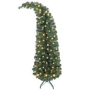 Albero di Natale preilluminato da 1,5 m con cima piegata, abete alta montagna sottile e fantasioso con 100 LED e supporto in metallo verde - Product Image 1