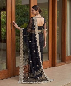 Sari en tissu fantaisie brodé avec perles et diamants, avec blouse non cousue 85054 NOIR - Product Image 2