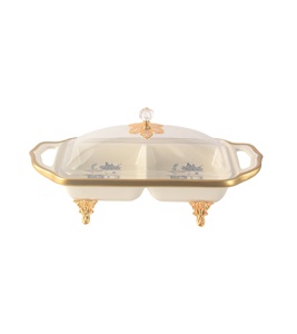 Moderno Plato de Servir de Porcelana Blanca de 2 Secciones con Borde Dorado, Tapa Transparente y Base Dorada - Product Image 1