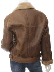 Blouson bomber en cuir véritable marron doublé en sherpa, fermeture éclair, vêtement d'extérieur d'hiver, style moto décontracté - Product Image 3