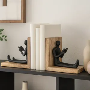 ZE-3578M Sujetalibros Redondo de Aluminio Bañado en Oro, Escultura Artística con Técnica de Plateado, Figura Negra, Base de Madera, Decoración del Hogar - Product Image 5