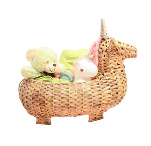 Cute Unicorn Shaped Water Hyacinth Storage Basket with Pink Mane Handwoven <b>Wicker</b> Toy Organizer <b>Bin</b> for Girls Room Nursery - Product Image 1