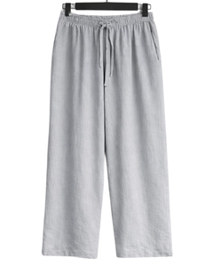 Ensemble deux pièces en lin gris clair pour femmes, chemise à manches longues boutonnée et pantalon à jambes larges à taille élastique, tenue décontractée - Product Image 6