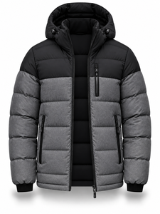 Men's Hooded Puffer Jacket Color Blocking Gray Black <b>Waterproof</b> Quick Dry Custom Logo Windproof Zipper Casual <b>Winter</b> <b>Coat</b> - Product Image 2