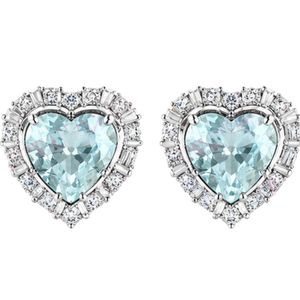 Elegant heart shaped blue diamond <b>stud</b> earrings with halo of round and baguette white diamonds in luxurious 18K white gold desig - Product Image 1