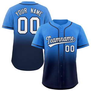 Uniformes de Béisbol Sublimados Personalizados al por Mayor, 100% Poliéster, con Botones, Rayas Negras y Azules, Nombre Personalizado en la Parte Delantera - Product Image 1