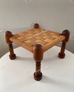 Customised Versatile Handcrafted Wooden <b>Stool</b> With Woven Jute or Cane Seat Square Ottoman for Indoor Outdoor Apartments - Product Image 4