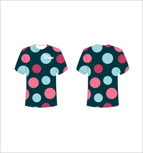 T-shirt personnalisé sublimé imprimé sur toute la surface, motif à pois bleu foncé, rose et bleu clair, unisexe, col rond, respirant, en polyester, Ferocious - Product Image 1