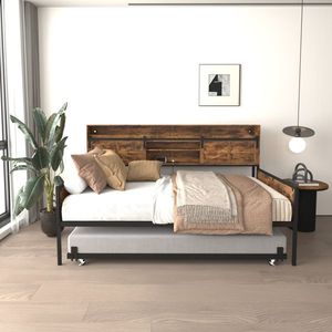 Letto a giorno matrimoniale in stile rustico con letto estraibile, testiera con porta scorrevole a persiana, stazione di ricarica LED e telaio letto - Product Image 2