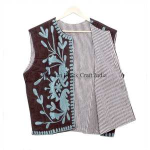 Elegante chaleco de algodón para mujer, sin mangas, para otoño e invierno, estilo bohemio, con bordado floral hecho a mano, largo regular. - Product Image 6