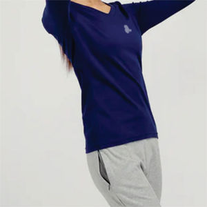 T-shirt pour femme à col en V, manches longues, couleur unie, respirant, non tissé, coupe classique, vêtement décontracté, bleu, 100% coton biologique, respectueux de l'environnement - Product Image 2