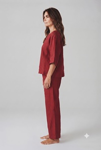 Ensemble deux pièces en coton extensible uni respirant, haut à col rond long et pantalon évasé, coupe ample avec poches, pour un usage quotidien décontracté - Product Image 2