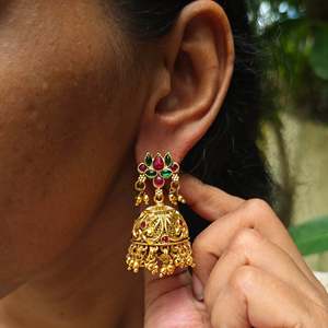 18K Gold Plated Brass Drop Jhumka Earrings with Zircon for Party - Product Image 1