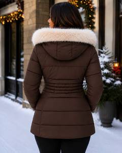 Nouveau manteau d'hiver en cuir matelassé avec capuche en fourrure de renard naturelle, manteau long et amincissant pour femme, matelassé en chevron, pour un usage quotidien - Product Image 4