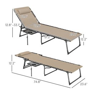 Beige <b>Folding</b> Outdoor Chaise Lounge Chair with 5-Level <b>Adjustable</b> Back and Side <b>Table</b> Pillow Pocket-for Tanning - Product Image 3