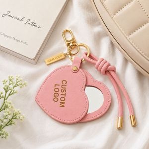 Pink PU leather bag charms with heart shape compact <b>mirror</b> and gold keychain <b>clip</b> for women purse handbag accessories - Product Image 1