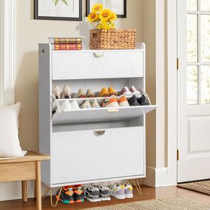FCH White Particle Board Shoe Cabinet 80*24*120cm V Shaped Carved Door Panel with 2 Top Flip Drawers and Gold Accent - Product Image 6
