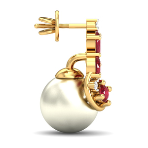 Luxury Women's 18K Gold Plated Ruby Drop <b>Earrings</b> With Freshwater Pearl And Round Brilliant Cut Diamond - Product Image 4