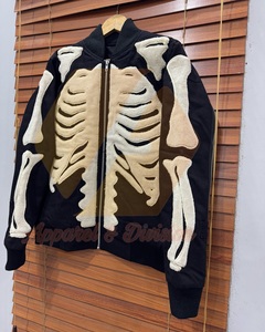 Custom Woolen Winter Stand Skeleton Applique Zip Bomber Jacket Unisex Streetwear Fleece Varsity <b>Coat</b> Red <b>Black</b> Vintage Design - Product Image 4