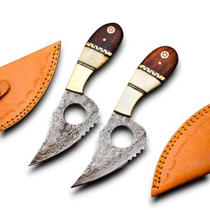 Handmade Damascus Steel Drop Point Finger Hole Serrated Edge DIY Camping Skinner Knife Leather Sheath High Quality Razor Sharp - Product Image 1
